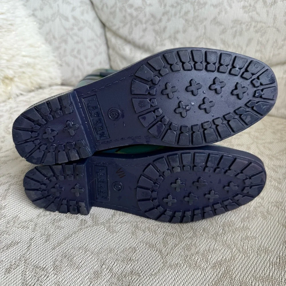 Ralph Lauren Rossalyn II Blue Green Camouflage Knee-High Rain Boots Womens 6 EUC